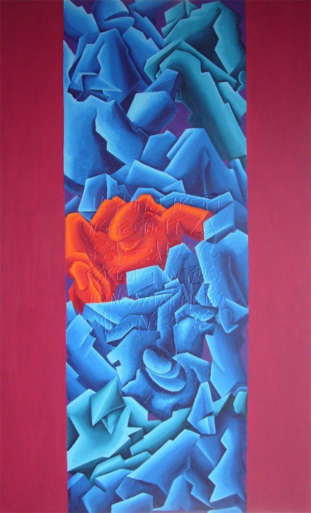 1 abstrahierter roter Mensch in einer Masse von abstrahierten blauen Menschen. Abstrahiertes farbenfrohes Bild der Künstlerin Benita von Wendt. Gemalt mit Acrylfarbe auf Leinwand.