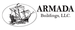 A black and white logo for armada buildings , llc.