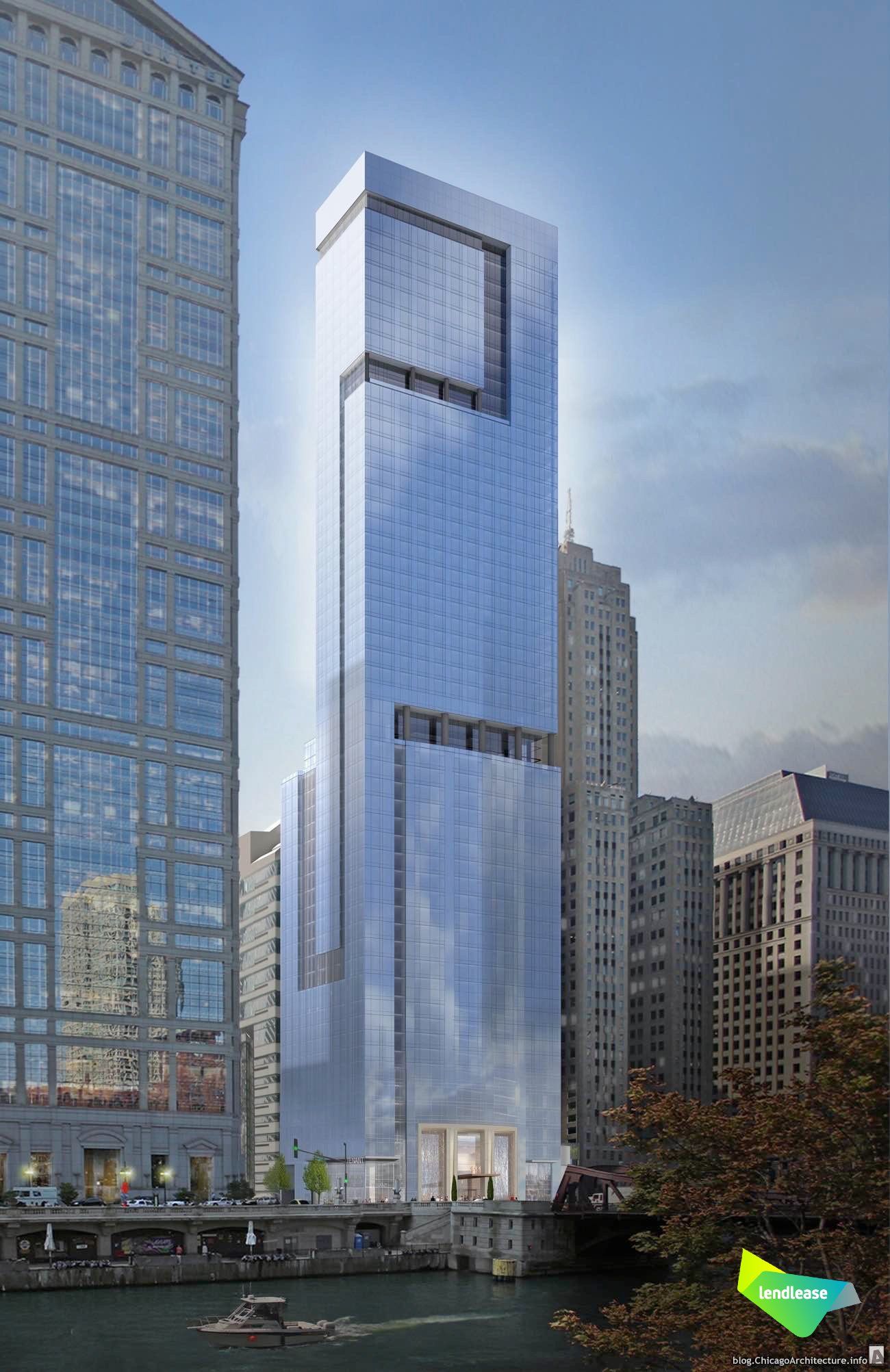 An artist 's impression of a tall building next to a river