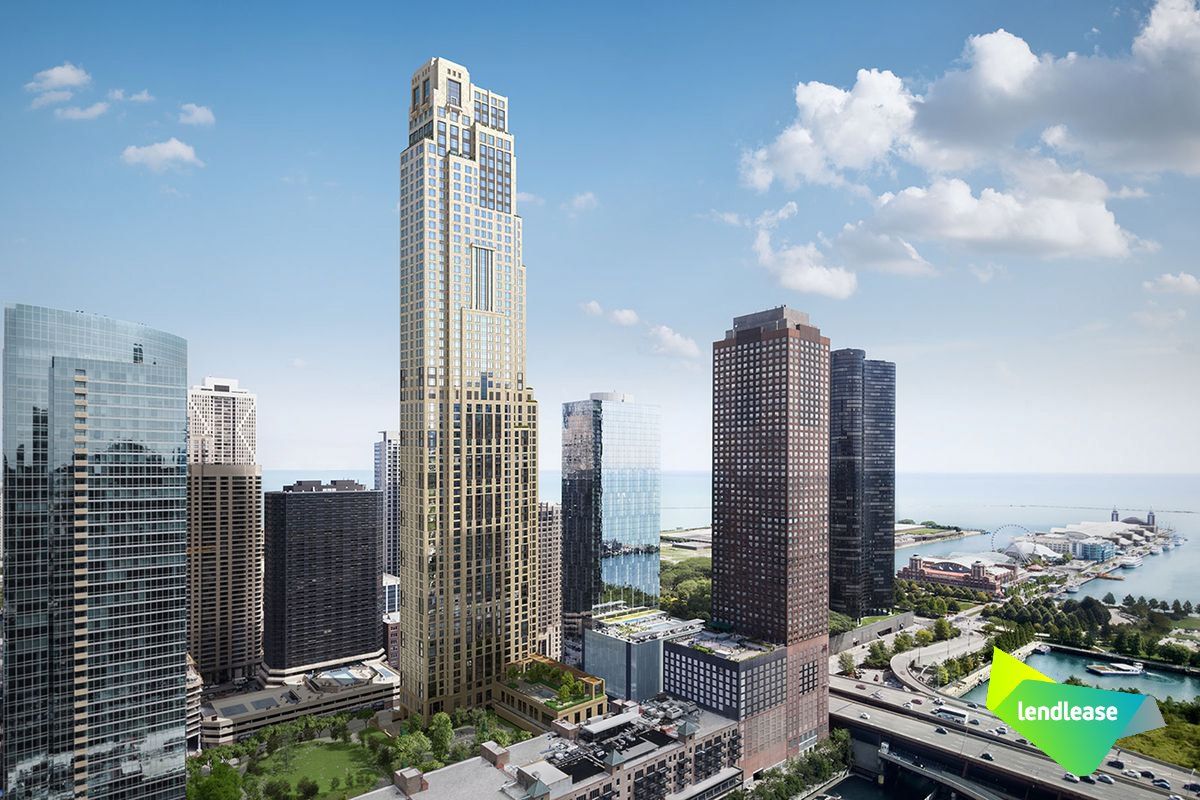 An artist 's impression of a tall building in the middle of a city.