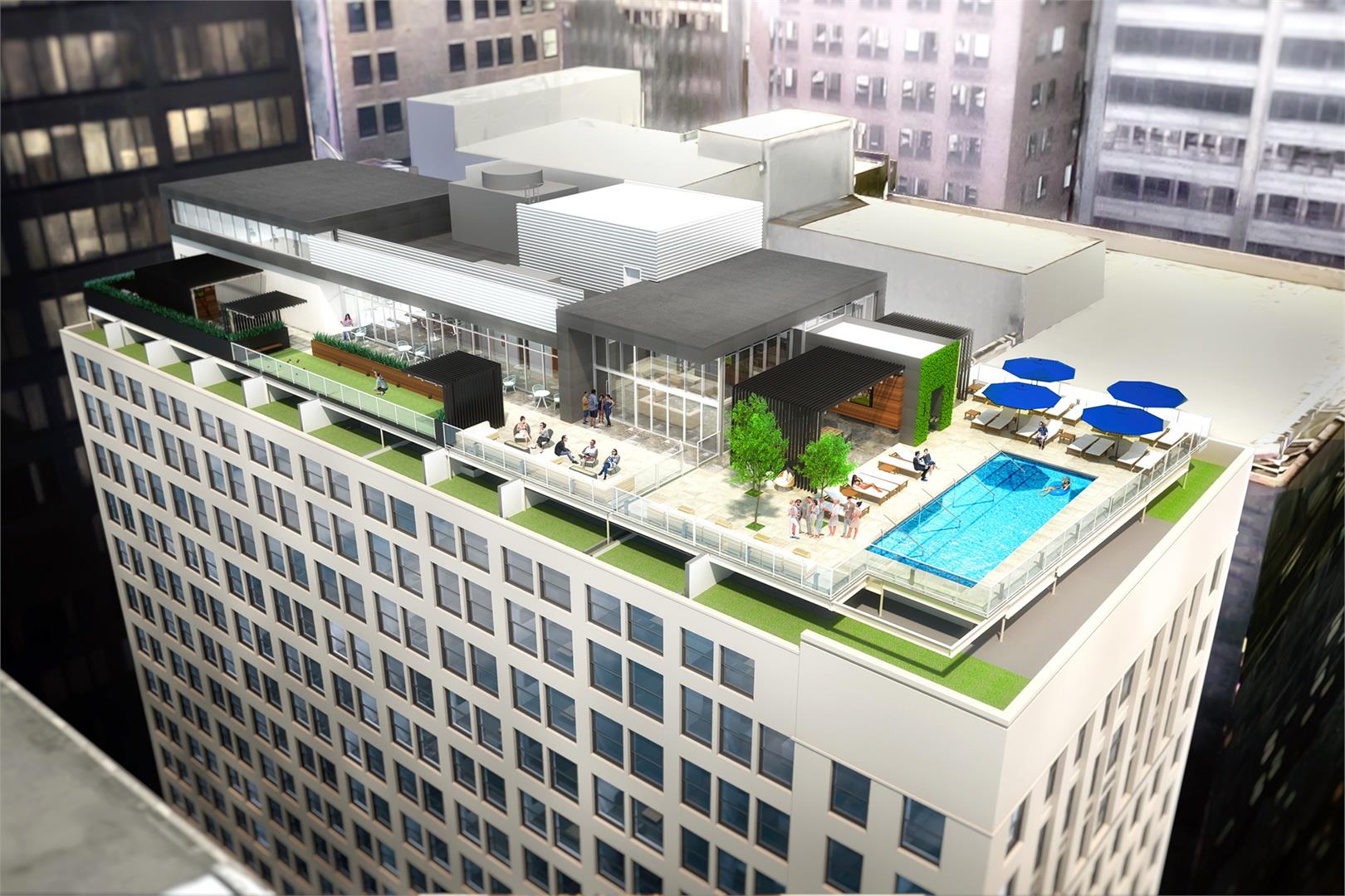 An aerial view of a building with a pool on top of it