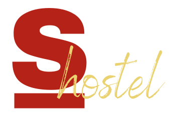 a red and gold logo for shostel hostel