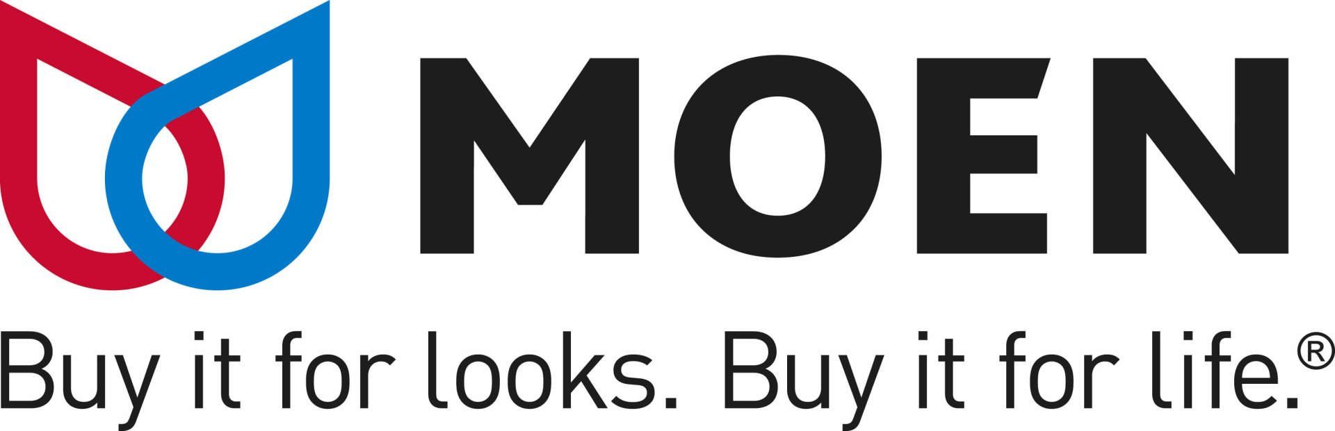 Moen logo with red and blue waterdrop graphic and text: