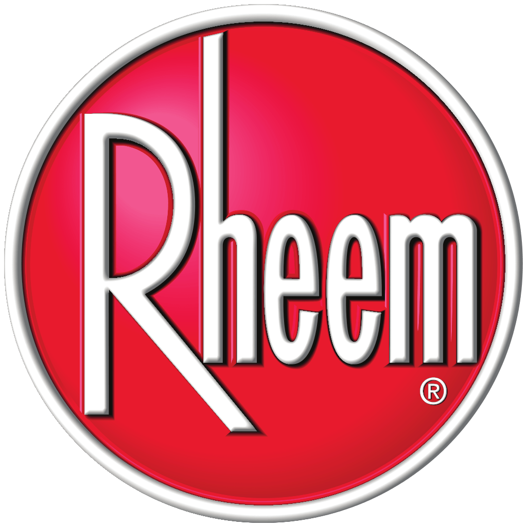 Rheem logo: white text on red background, enclosed in a white border.