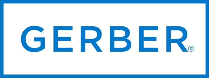 Gerber logo in blue text on a white rectangle within a blue border.