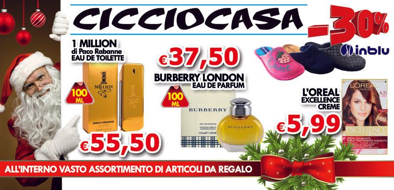 cicco casa banner pubblicitario con diversi prodotti profumi ciabatte prodotto per capelli
