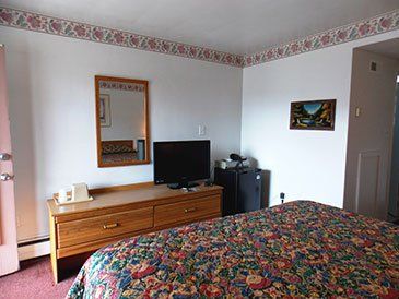 Room with refrigerator and television-motel-Pittsburgh, PA