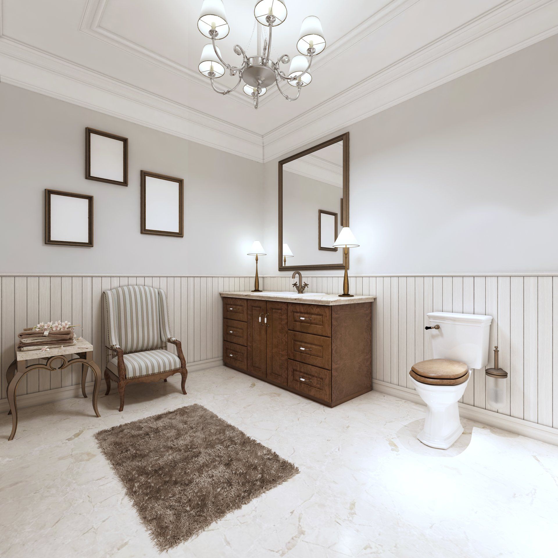 A bathroom with a toilet a sink and a chair