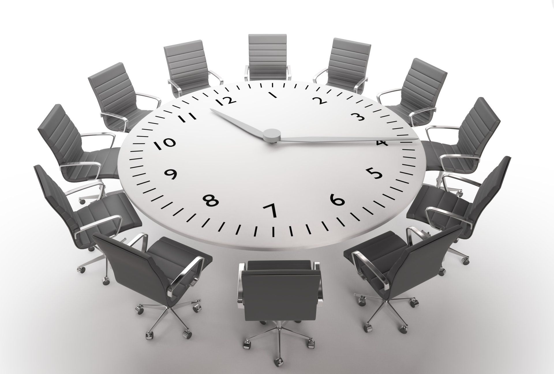 A round table with chairs around it and a clock on it