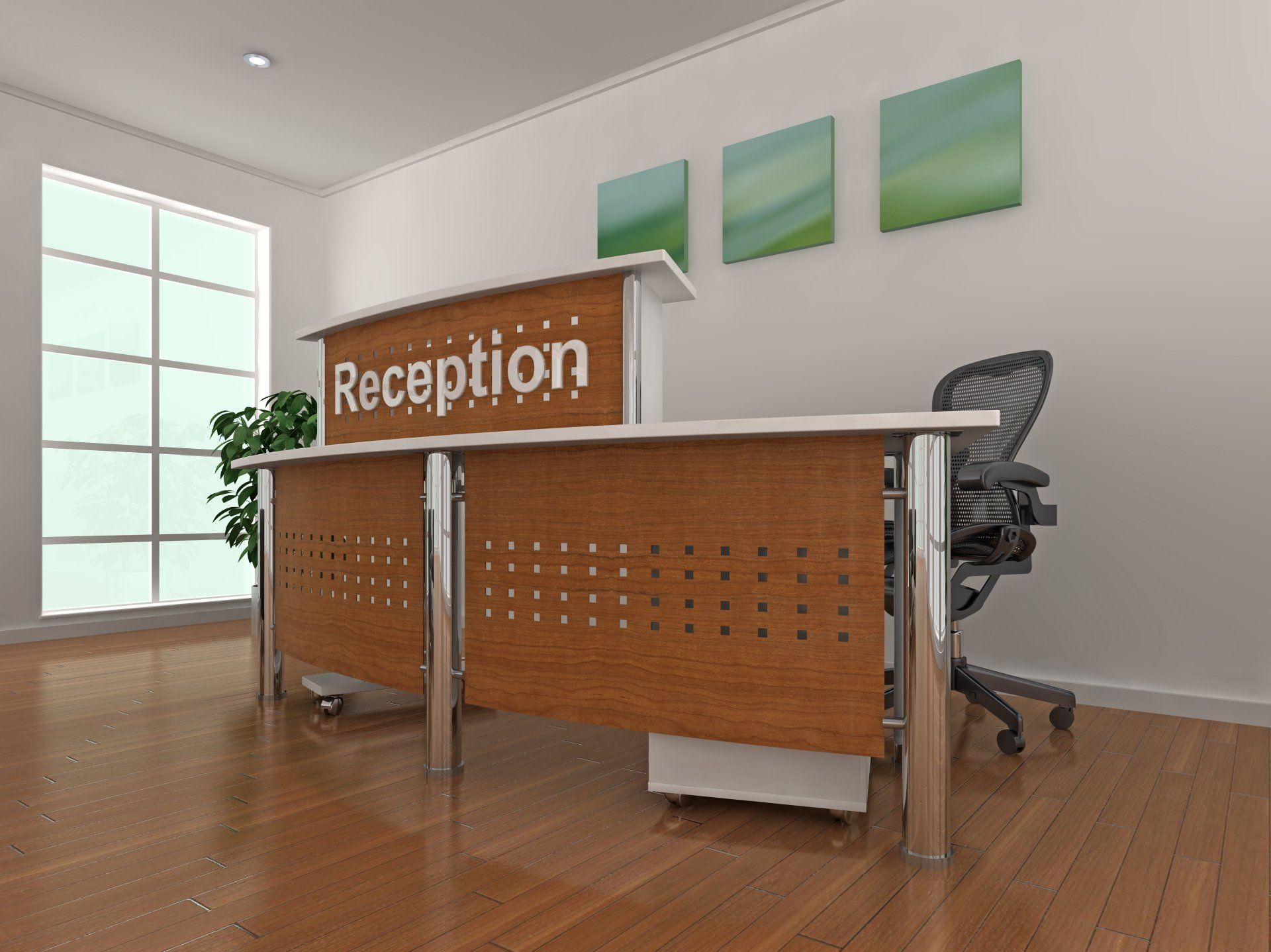 A reception desk with a chair in front of it