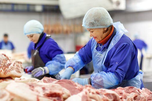 Female cutting meat in a food factory in Brampton, Ontario.