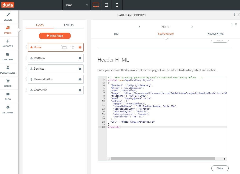Screen capture demonstrating how to add structured data to a page in a Duda website.
