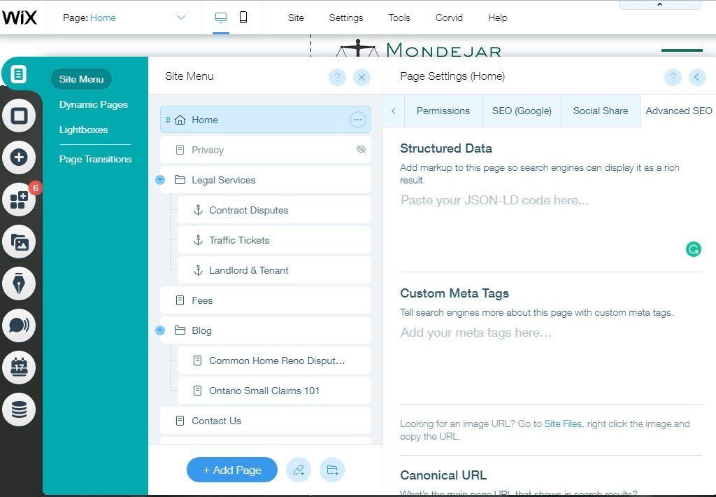 Screen capture demonstrating how to add structured data to a page in a Wix website.