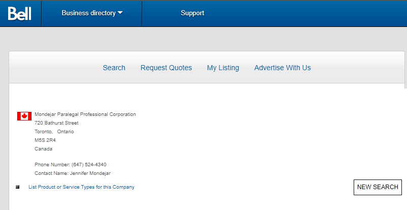 Screen capture of Bell Directory citation for Mondejar Paralegal Professional Corporation