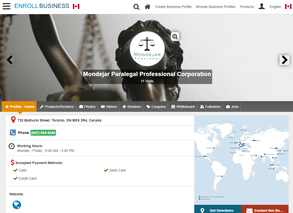 Screen capture of Enroll Business directory citation for Mondejar Paralegal Professional Corporation