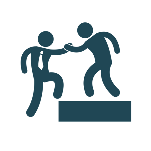 Green icon with one figure assisting the second representing Pay-it-Forward