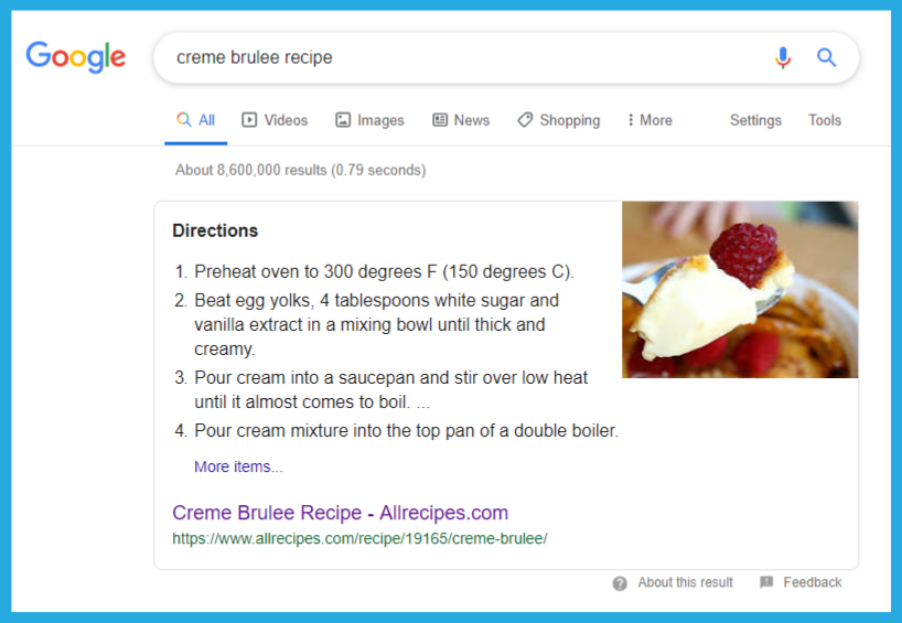 Screen capture of Google's search results for a web page with schema markup for creme brulee recipe