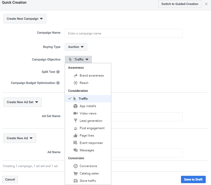Screen capture of Facebook's ad campaign creation form.