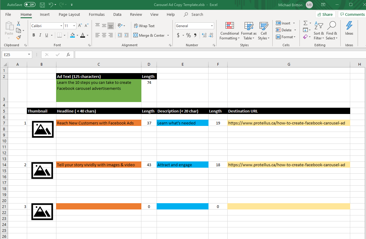 Simple Excel template for creating Facebook carousel ad copy