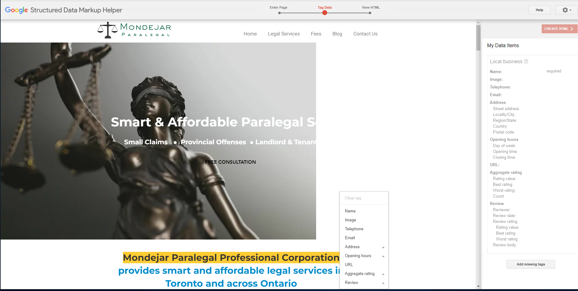 Screen capture demonstrating tagging properties with Google's Structured Data Markup Helper 