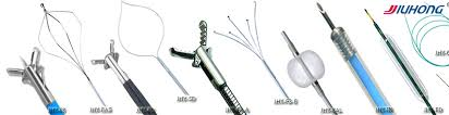 A row of different types of fishing rods on a white background.