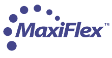 The maxiflex logo is a blue logo with white dots on a white background.