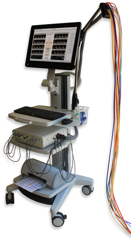 A computer on a cart with a bunch of wires attached to it