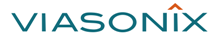 A blue and orange logo for viasonicx on a white background