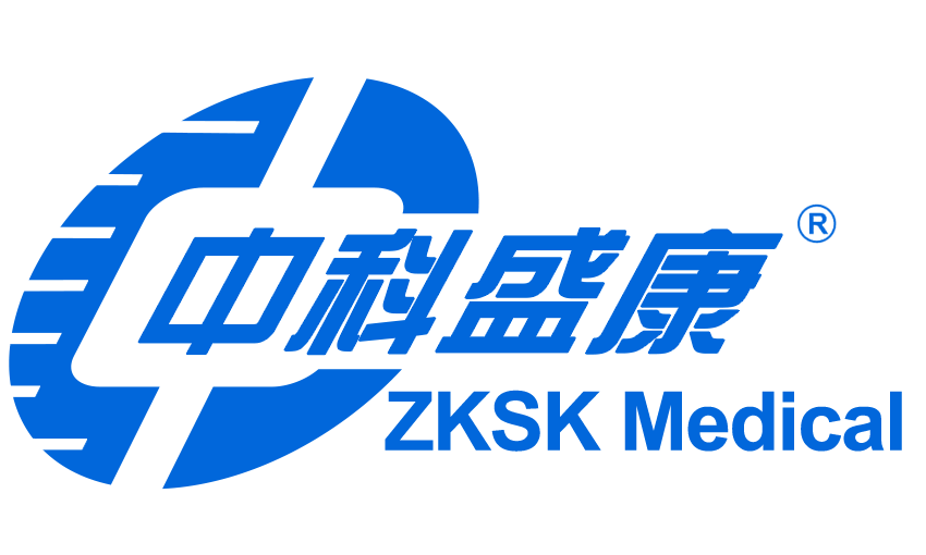 A blue and white logo for zksk medical on a white background