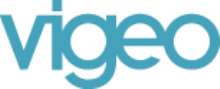 A blue and white logo for vigeo on a white background