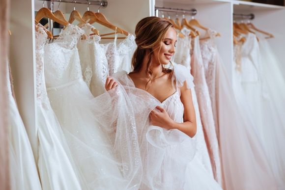 ragazza che sceglie l'abito da sposa