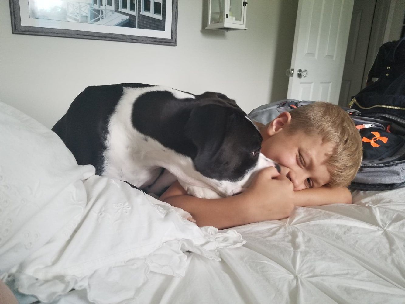 A boy and his dog are relaxing