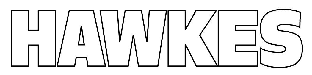 Outlined word “HAWKES” in white with black border on a light background