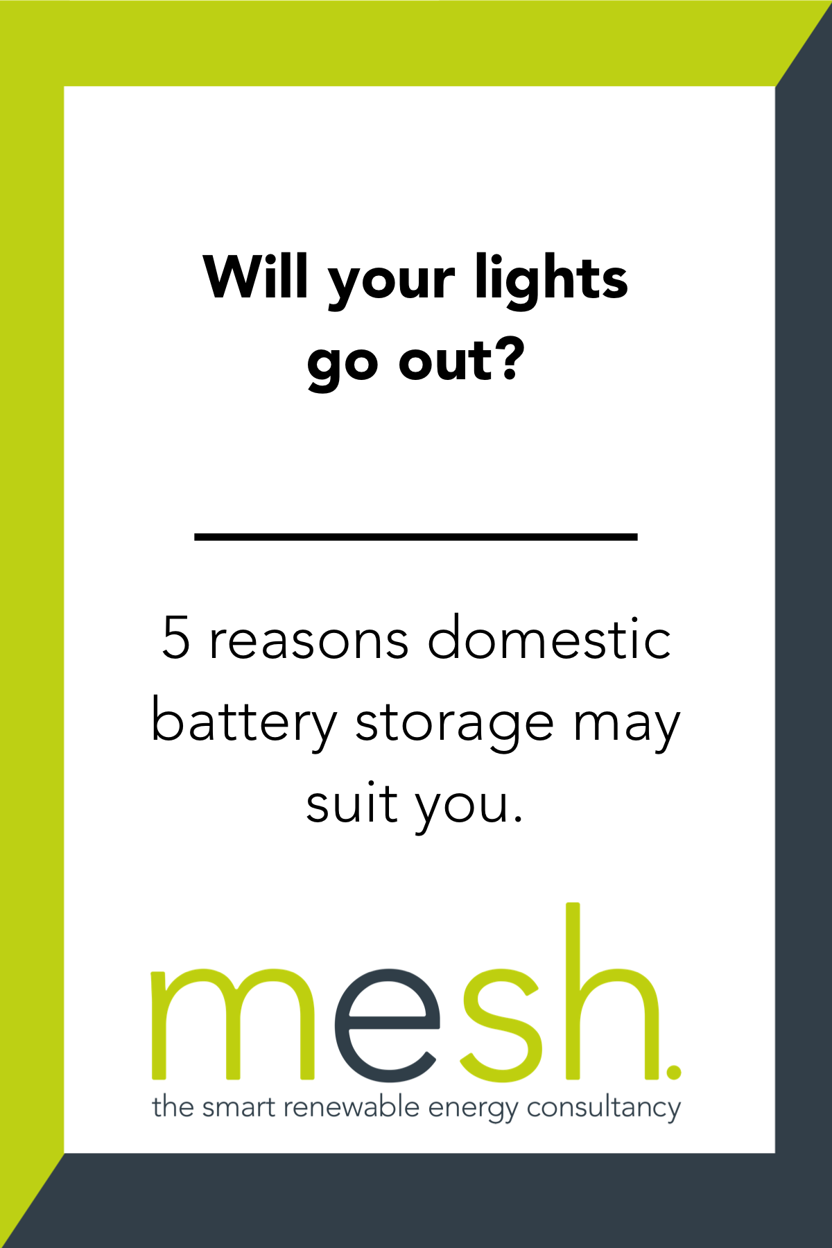 Promotional flyer with “Will your lights go out?” and “5 reasons domestic battery storage may suit you,” Mesh logo.