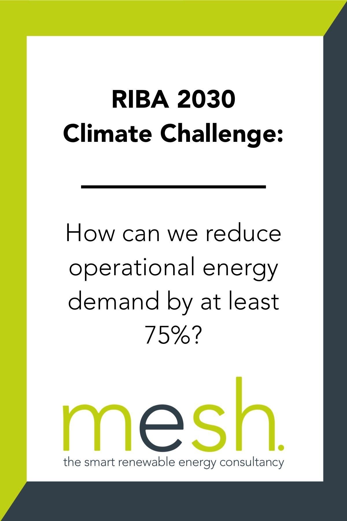 RIBA 2030 Climate Challenge poster asking how to reduce operational energy demand by at least 75% with mesh logo