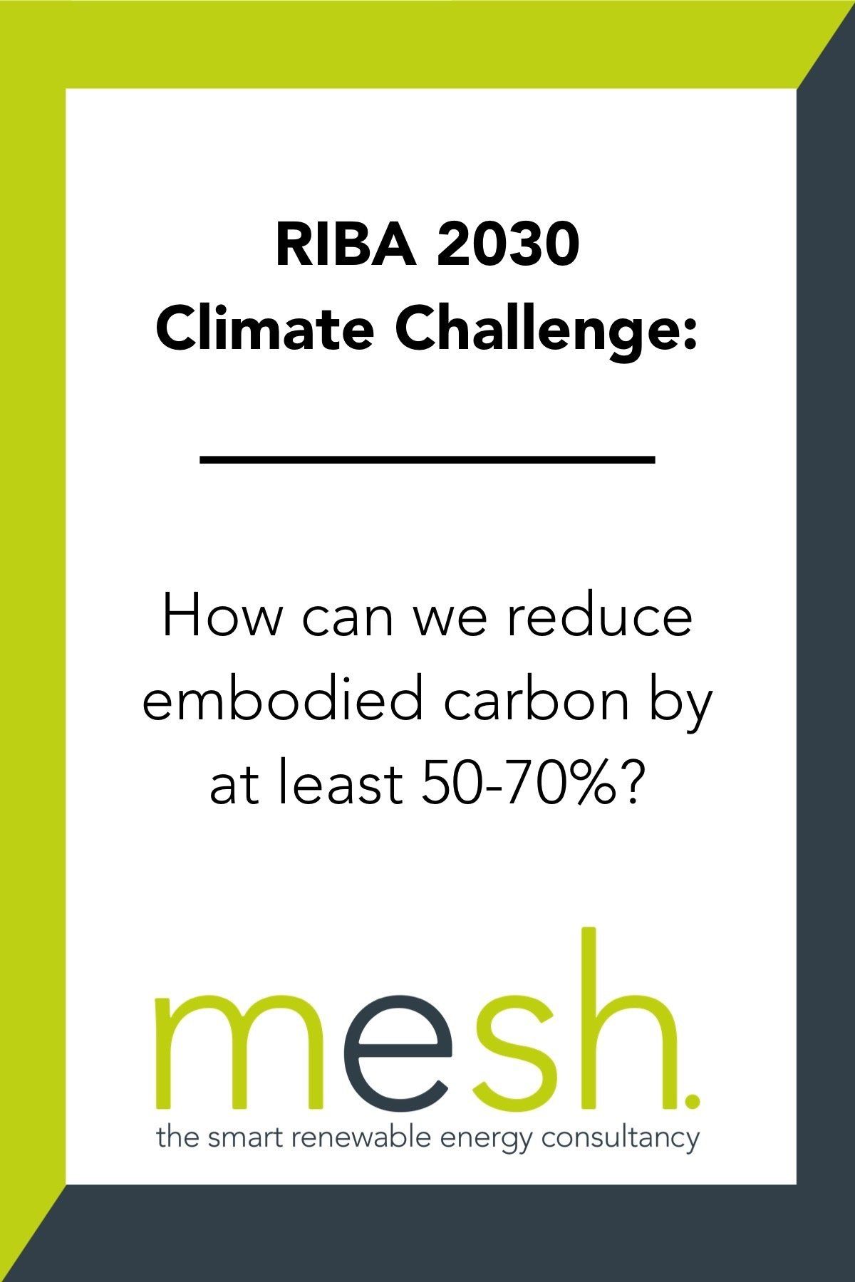 RIBA 2030 Climate Challenge poster on reducing embodied carbon by 50-70%, with mesh logo on white and lime background