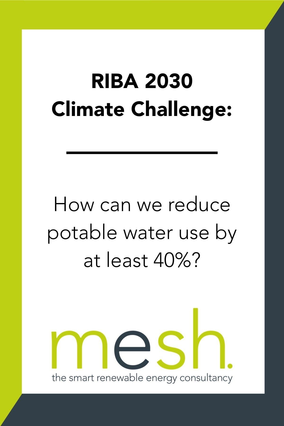 Poster for RIBA 2030 Climate Challenge asking how to reduce potable water use by 40% with Mesh logo.