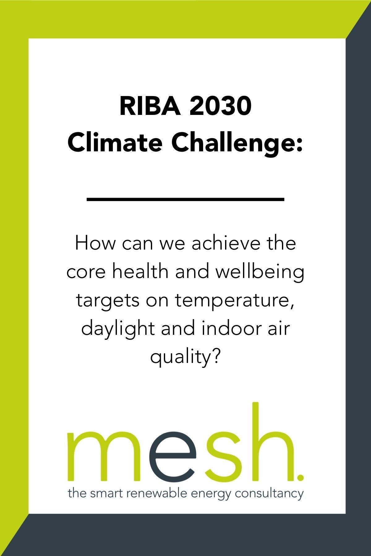 RIBA 2030 Climate Challenge poster with mesh logo and text about health, wellbeing, temperature, daylight, and air quality