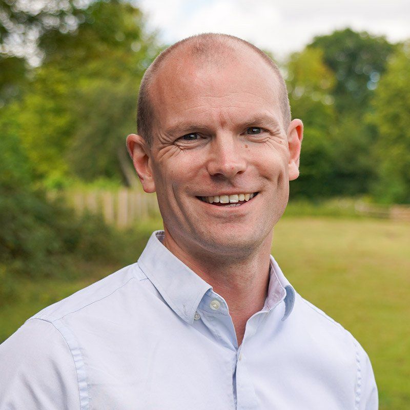 Smiling bald man in a light blue shirt outdoors with a blurred green park background
