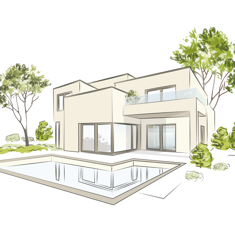 Modern two-story cream house with large windows, patio, and a small reflecting pool, surrounded by trees