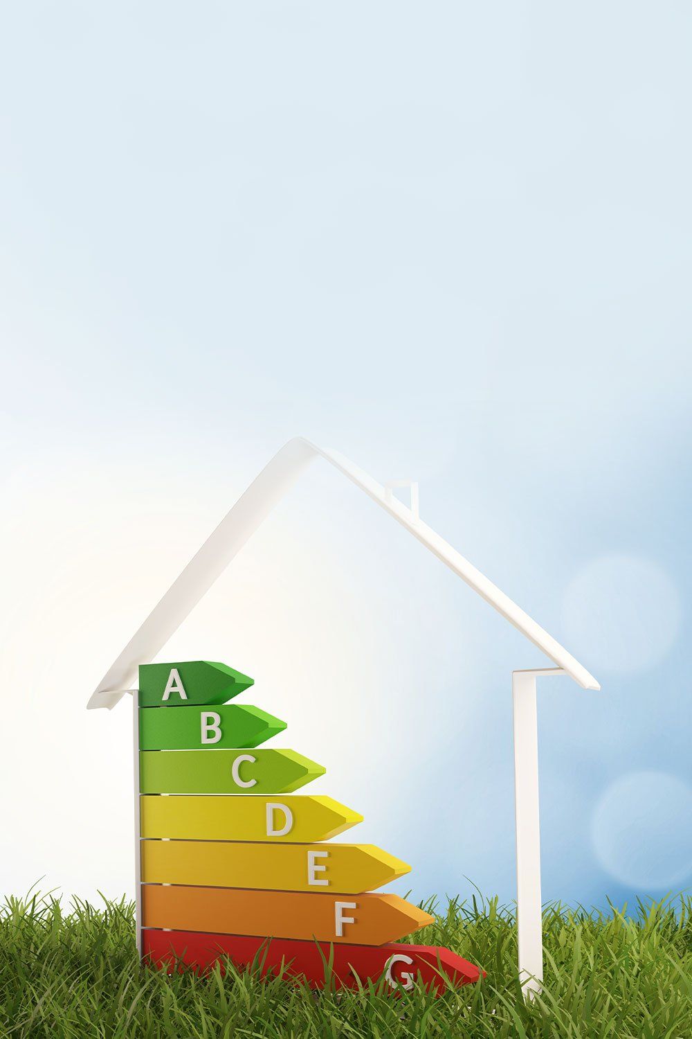 Home energy efficiency illustration with a white house outline and colorful A-to-G rating stairs in grass