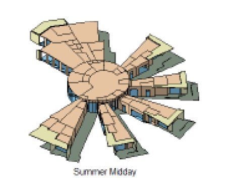 3D site plan of a tan circular building with radial wings on a white background, labeled “Summer Midday”