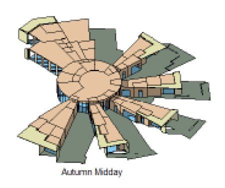 3D building complex with tan radial wings around a central circle, labeled “Autumn Midday”