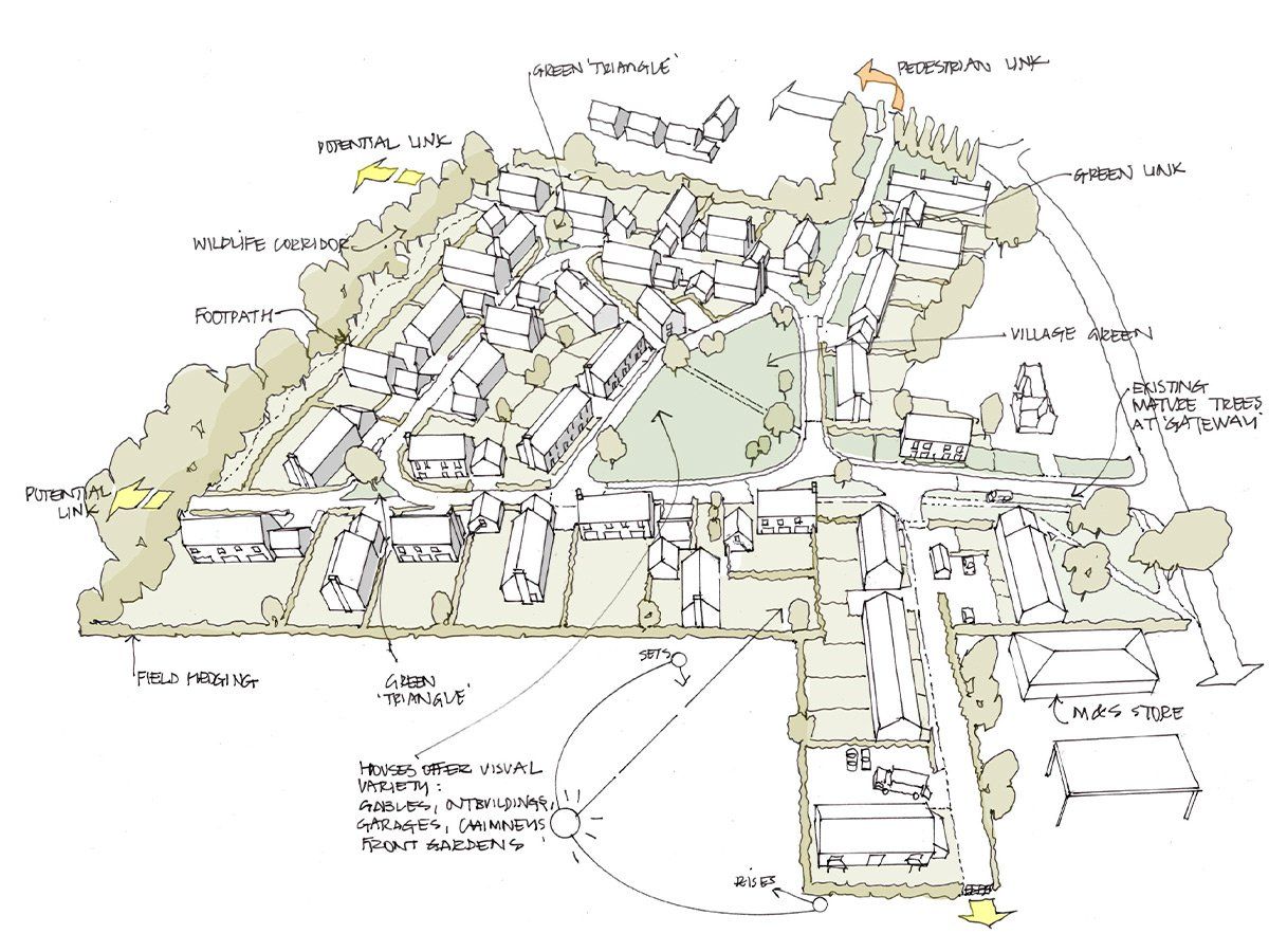 Hand-drawn site plan of a building complex with labeled rooms, walkways, trees, and parking areas