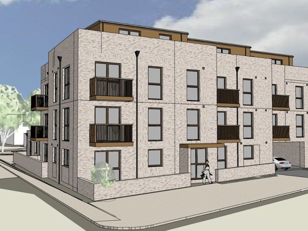 3D rendering of a modern apartment building with balconies and large windows on a city street corner