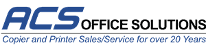 ACS Office Solutions logo with blue text and copier and printer sales/service tagline
