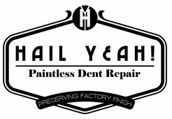 Black-and-white logo reading “HAIL YEAH! Paintless Dent Repair” with “Preserving Factory Finish” tagline