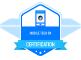 Blue tech certification badge with smartphone icon and “Mobile Tech RX” text