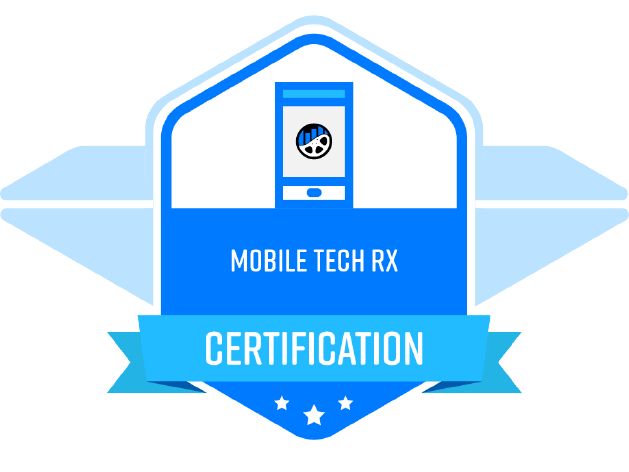 Blue tech certification badge with smartphone icon and “Mobile Tech RX” text