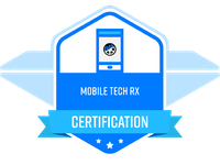 Blue tech certification badge with smartphone icon and “Mobile Tech RX” text